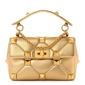 Valentino Garavani Gold Metallic Nappa Medium Roman Stud Rockstud Bag NEW